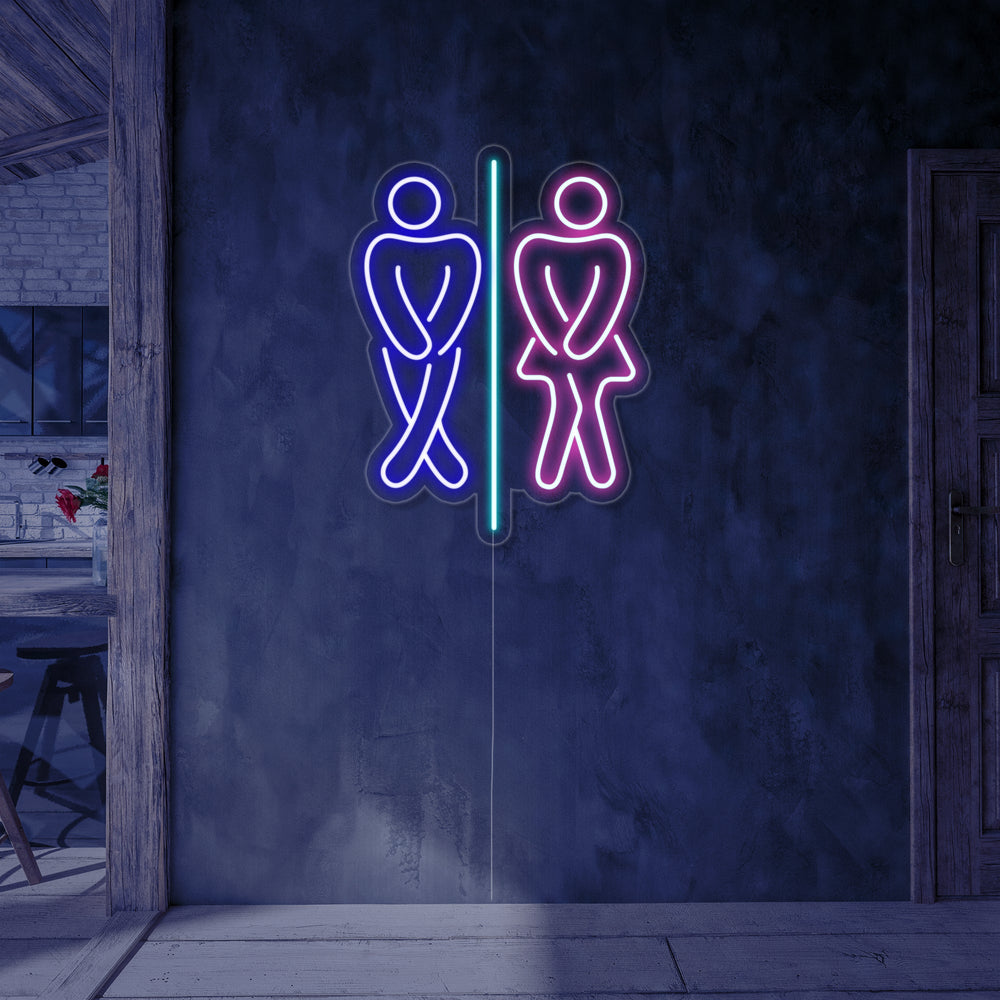 Neon LED-bord met grappige man- en vrouwfiguren, speelse toiletindicator.