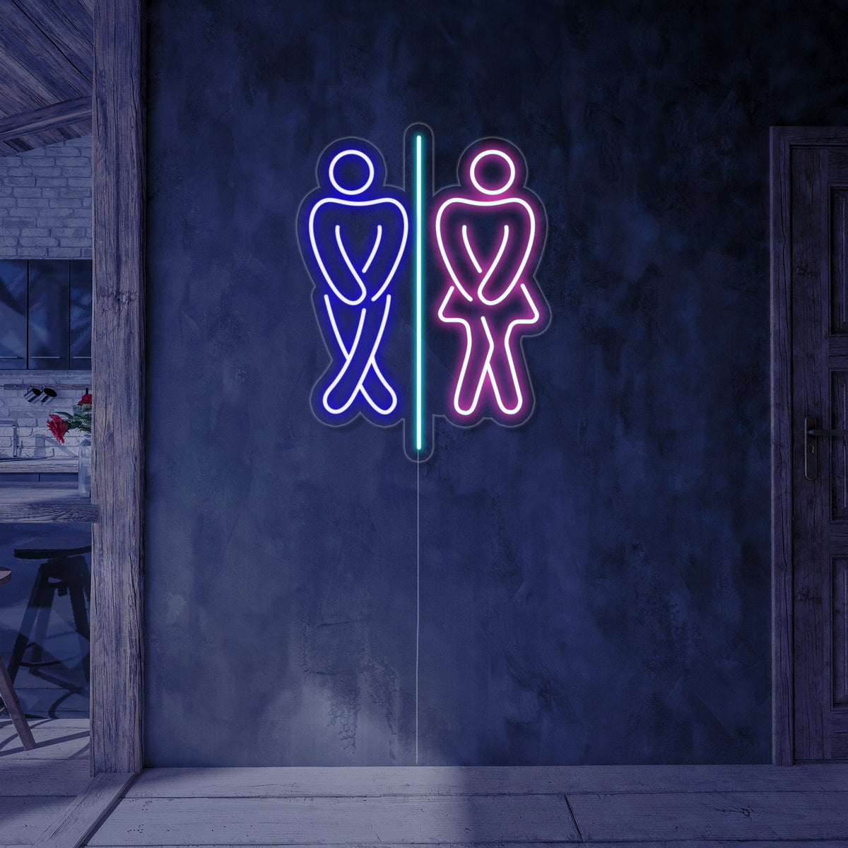 Neon LED-bord met grappige man- en vrouwfiguren, speelse toiletindicator.