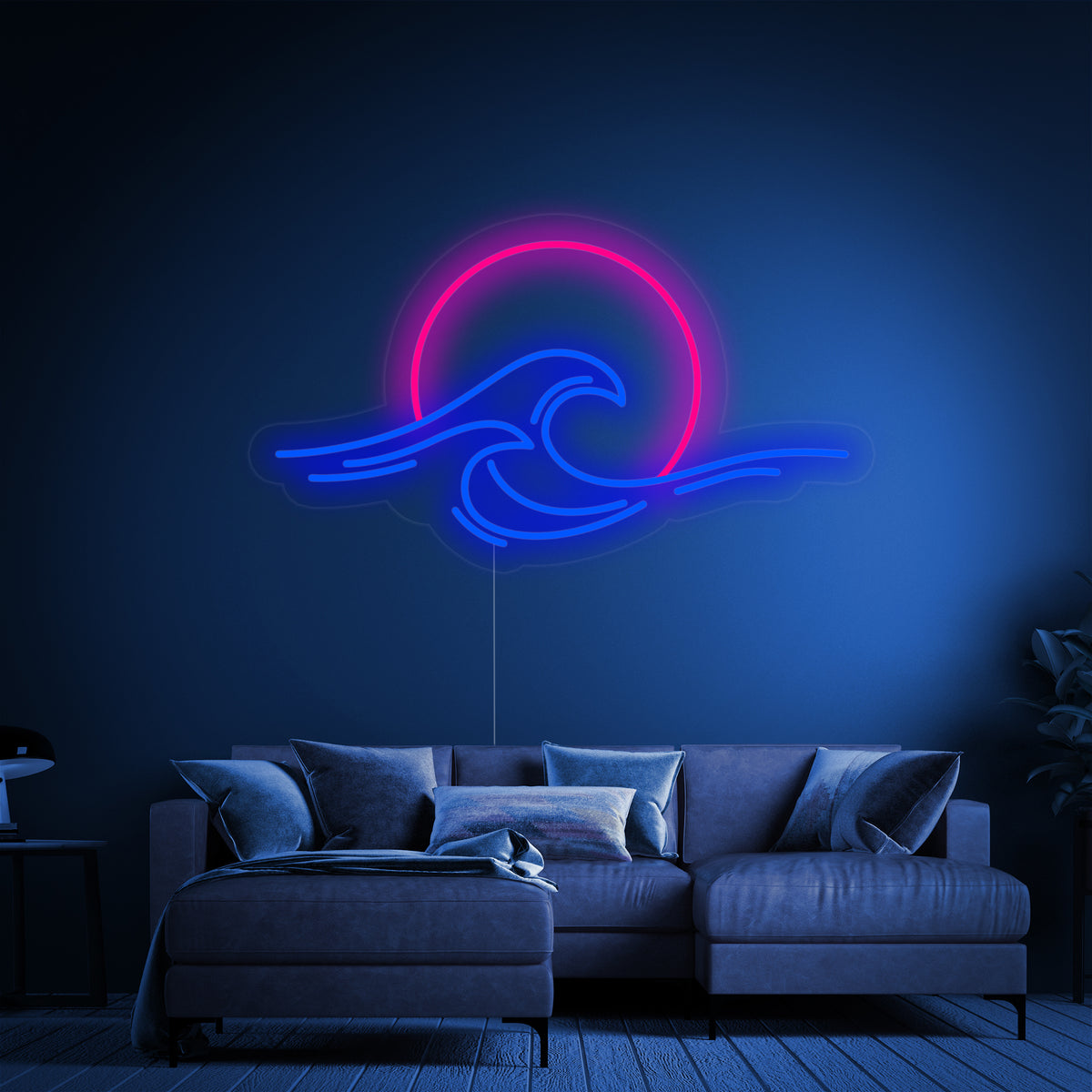 Blauwe golf met roze zonsondergang LED neon