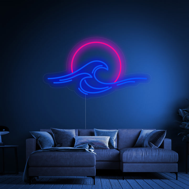 Blauwe golf met roze zonsondergang LED neon