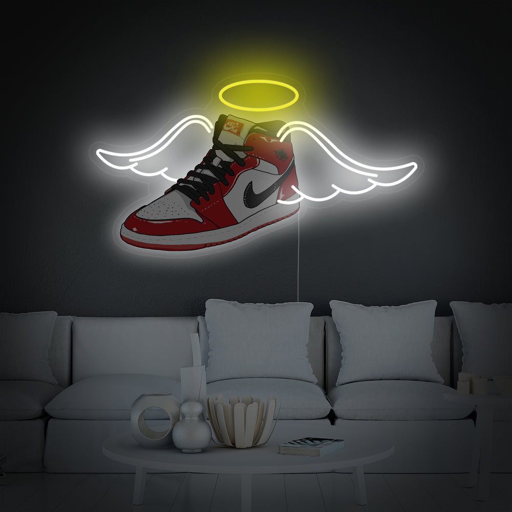 Neon LED-bord Air Jordan sneaker met vleugels, streetweardecoratie.