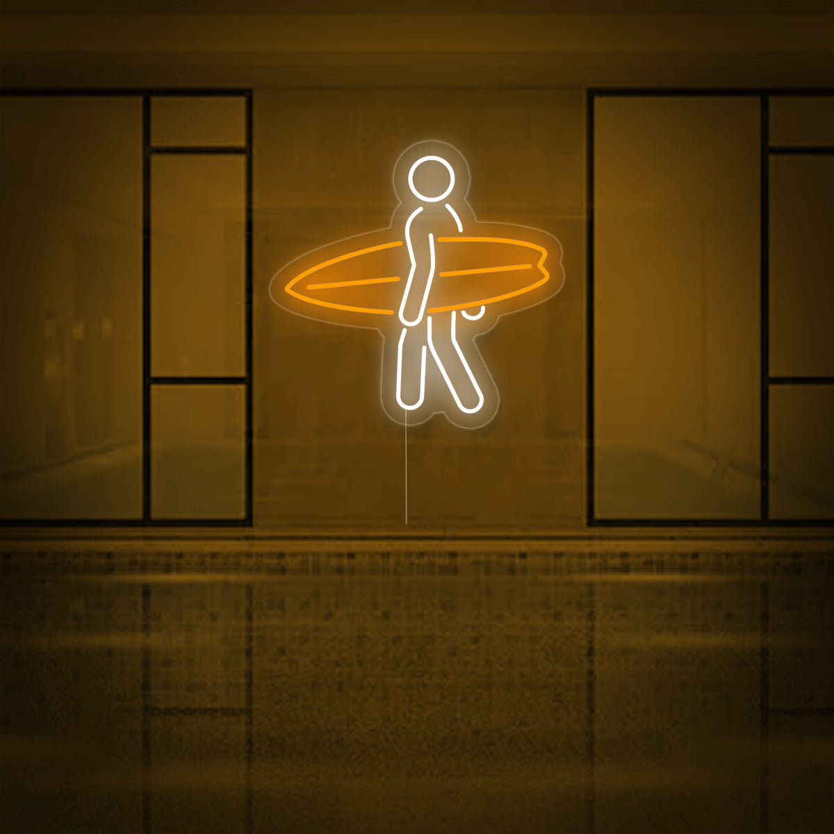 Surfer silhouet met oranje surfplank LED neon