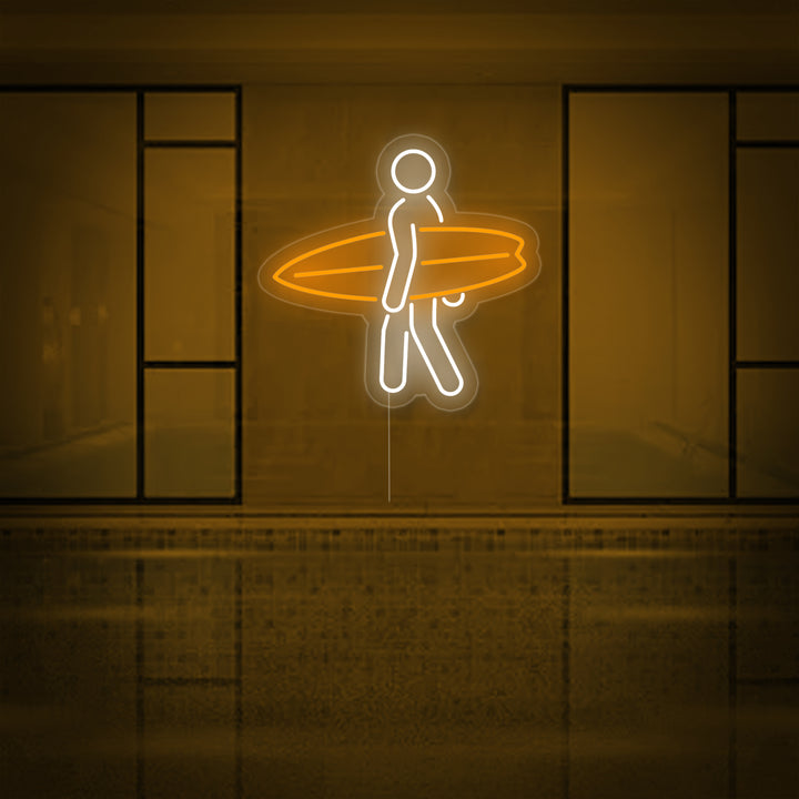 Surfer silhouet met oranje surfplank LED neon