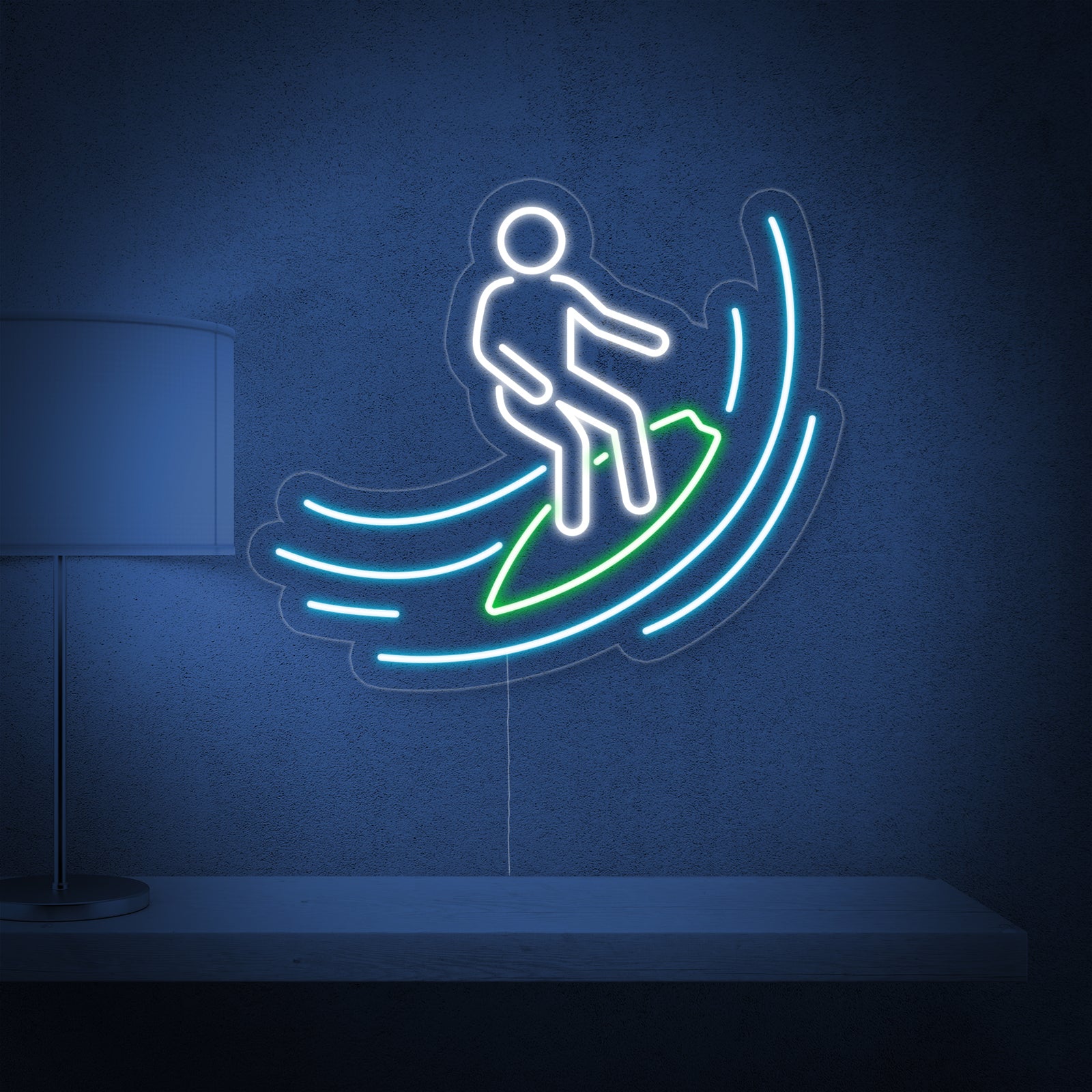 Surfer op groene plank met blauwe golven LED neon