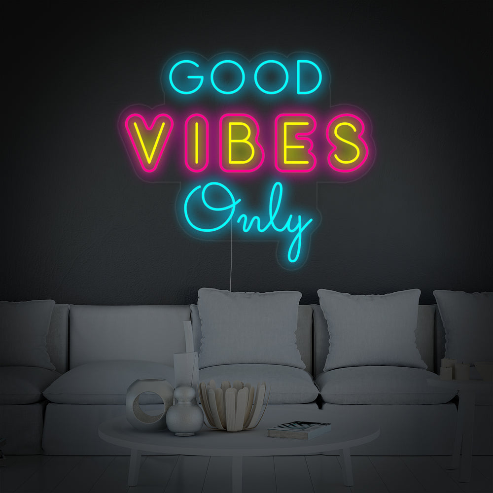 Multicolor neon LED-bord “Good Vibes Only”, vrolijke decoratie.