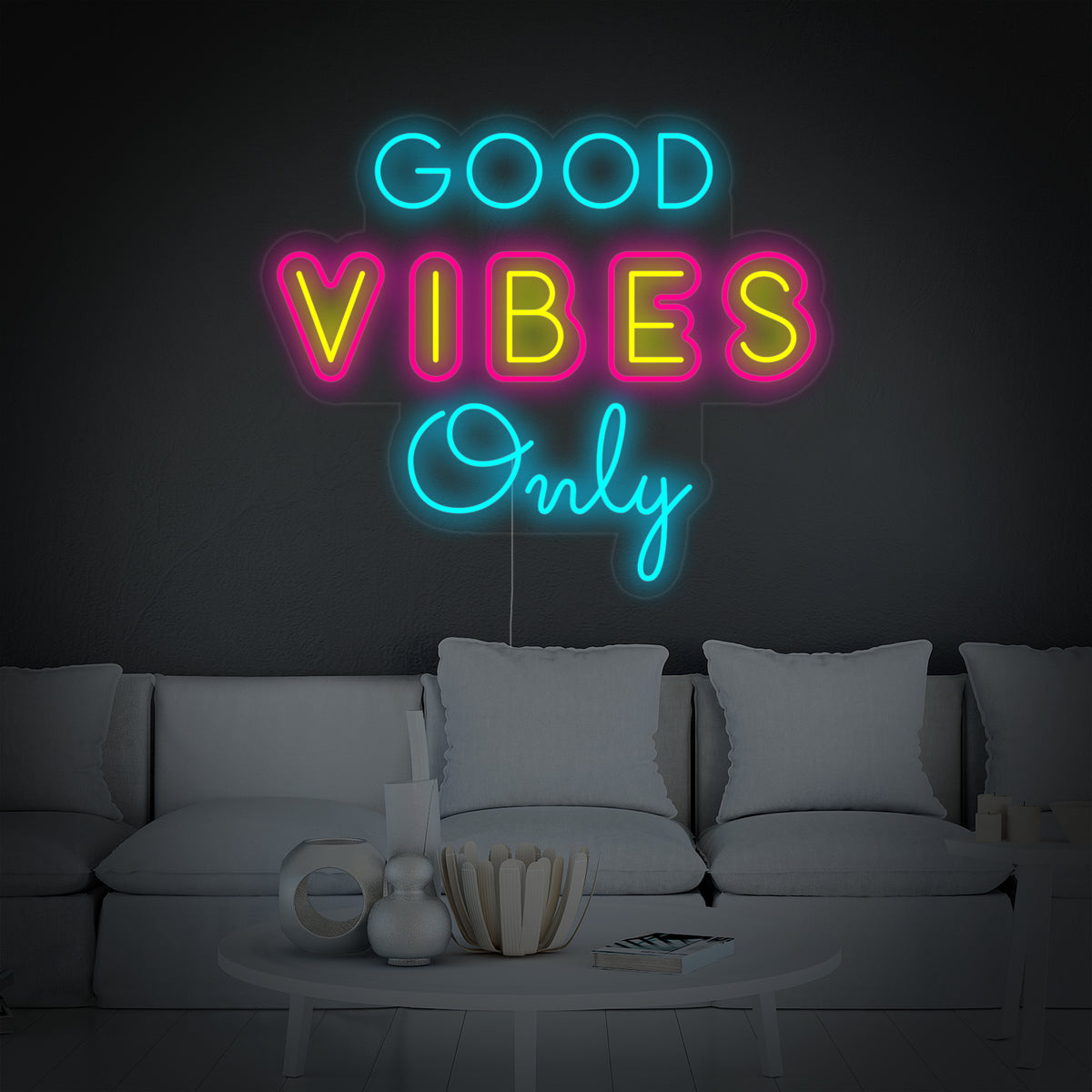 Multicolor neon LED-bord “Good Vibes Only”, vrolijke decoratie.