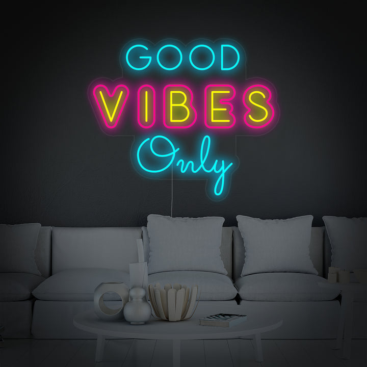 Multicolor neon LED-bord “Good Vibes Only”, vrolijke decoratie.